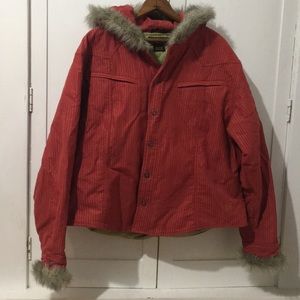 Corduroy Jacket Snap Front Hooded Fur Trim Nice!
